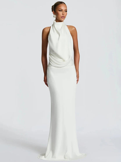 Halter Bckless Sexy Maxi Dress Women Gown Elegant Off-shoulder Sleeveless Draped Ruched Bodycon Club Party Long Dress
