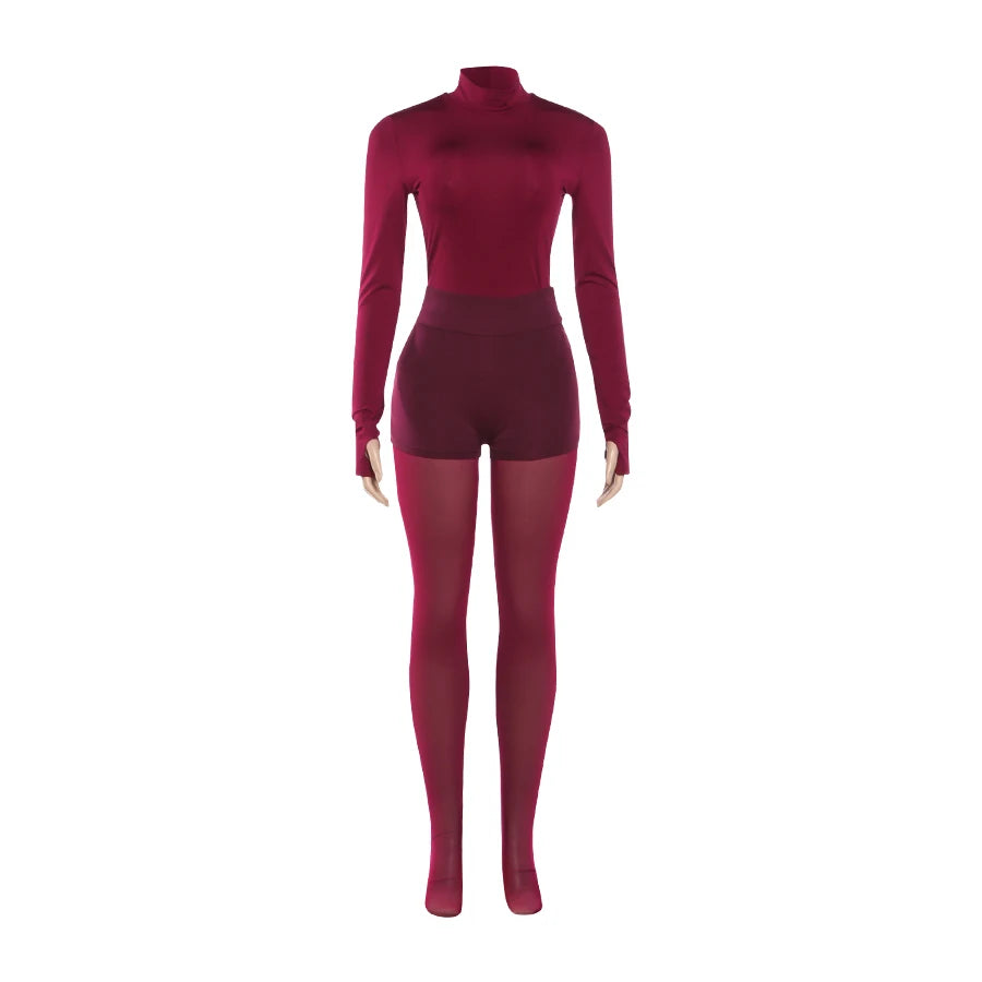 Mesh Patchwork 3 Piece Set Woman O-Neck Full Sleeve Tops+Shorts+Thin Leggings Tight Stretch Midnight Hipster Clubwear