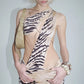 Tiger Stripe Print Mini Dress Woman Irregular Hollow Skew Collar Backless Sleeveless High Street Wild Style Bodycon
