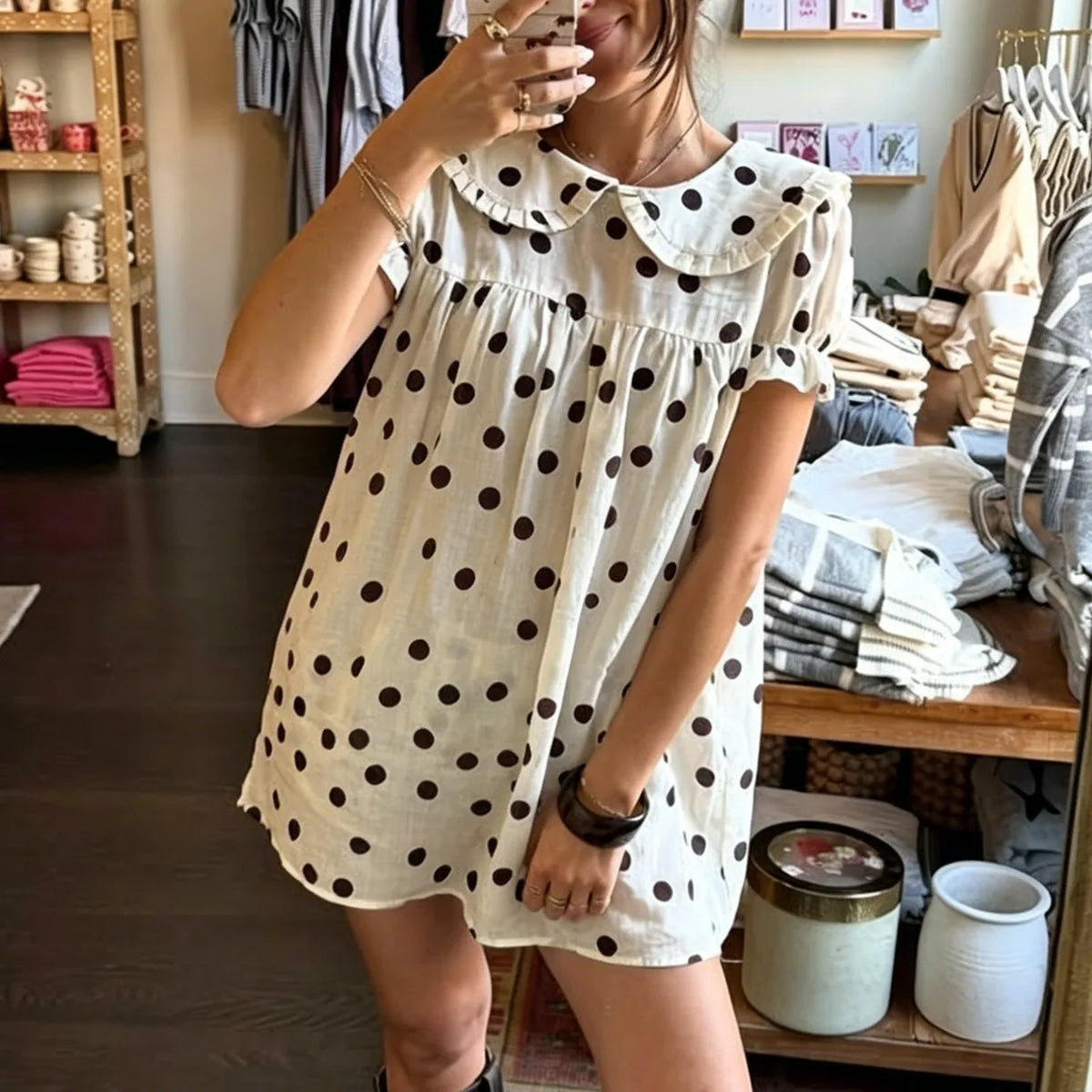 Cute Ruffle Collar Polka Dot/Striped Dress Women's Short Puff Sleeve Loose A-Line Casual Mini Sundress Summer Streetwear