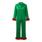Women Satin Feather Trim Pajama Set Lapel Button Front Long Sleeve Shirt + Long Pants Christmas Loungewear Sleepwear Set