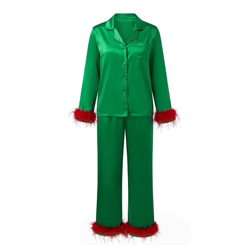 Women Satin Feather Trim Pajama Set Lapel Button Front Long Sleeve Shirt + Long Pants Christmas Loungewear Sleepwear Set