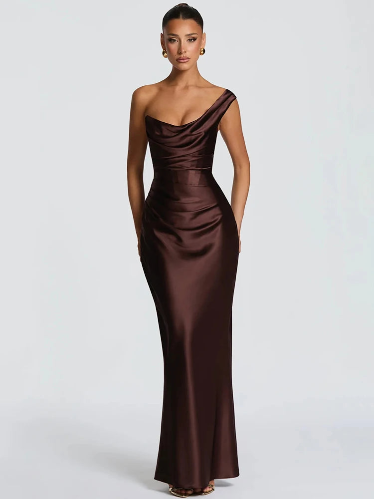 Elegant Satin One Shoulder Evening Dress Women Cowl Neck Sleeveless Bodycon Maxi Dress 2026 Spring Summer Party Gowns