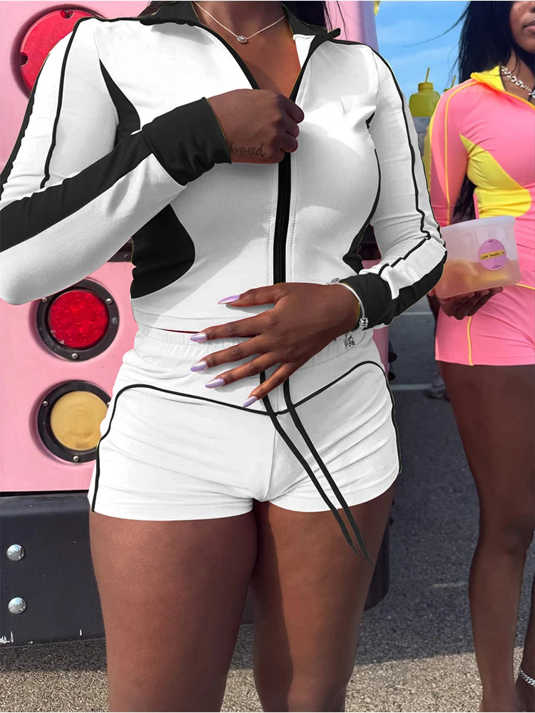 Sporty Contrast Patchwork Two Piece Set Women Zip Cardigan Turtleneck Crop Jacket+Drawstring Shorts Daily Casual Suits