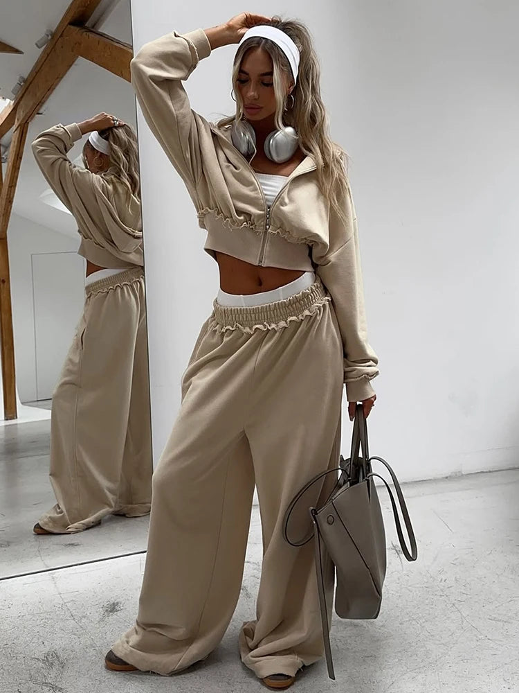 Fashion 2 Piece Set Women Tracksuit Sporty Zipper Patchwork Hooded Crop Jacket+Straight Pants Matching Streetwear Outfits