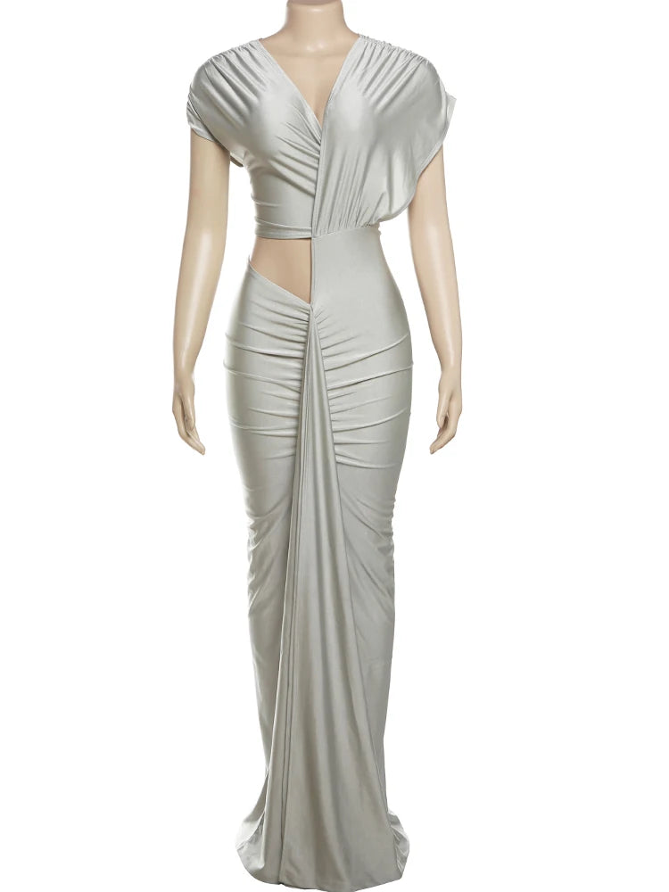 Irregular Hollow Dress Women Diagonal Collar Ruched Shorts Sleeve Trend Waistless Slits  Elegant Skinny Maxi Bodycon