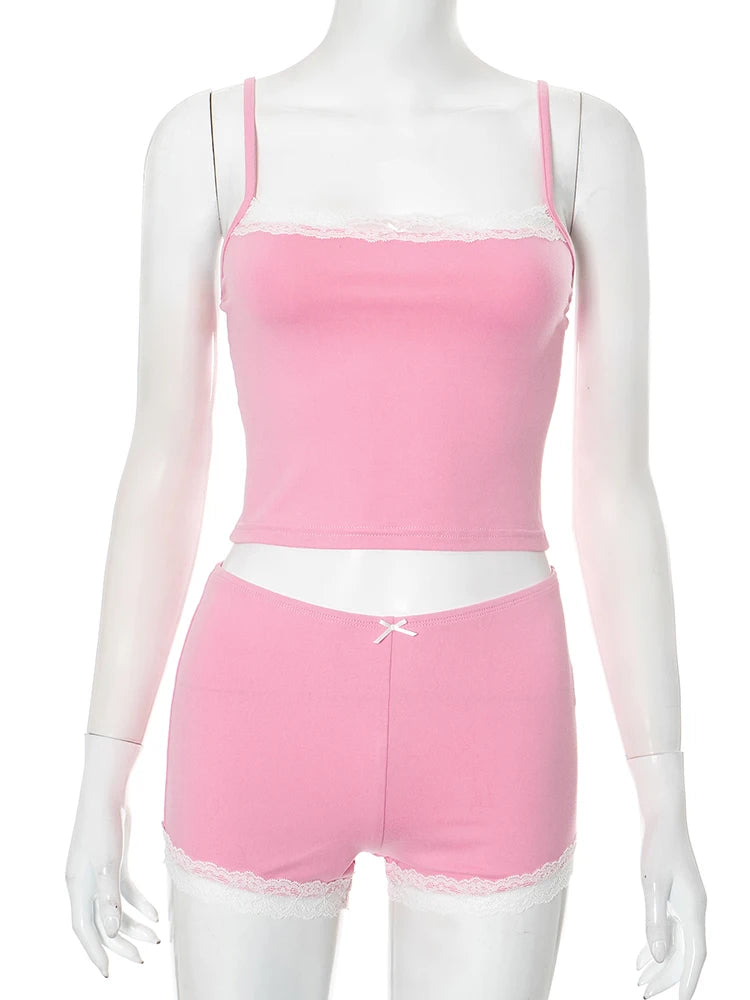 Lace 2 Piece Set Women Sporty Casual Tracksuit Camisole Tops+Shorts Matching Tight Streetwear Skinny Stretch Outfits