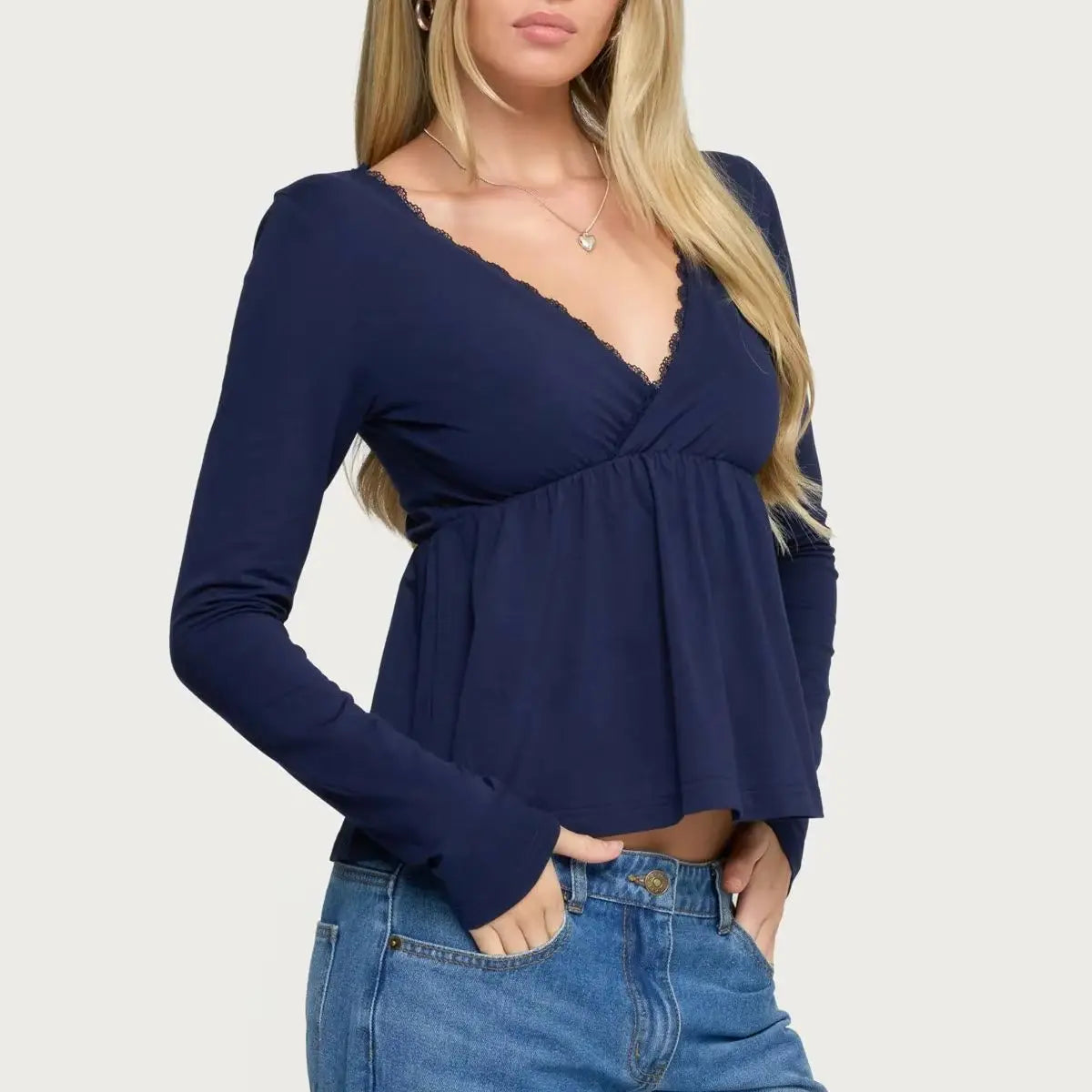 Women Lace Trim Babydoll Tops Long Sleeve V Neck Slim Aesthetic Shirts Girls Cute Peplum Shirt Y2k Fall Coquette Blouses