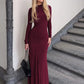 Women High Neck Long Sleeve Maxi Dress Ruched Front Bodycon Mermaid Hem Long Dress Elegant Evening Party Formal Dresses