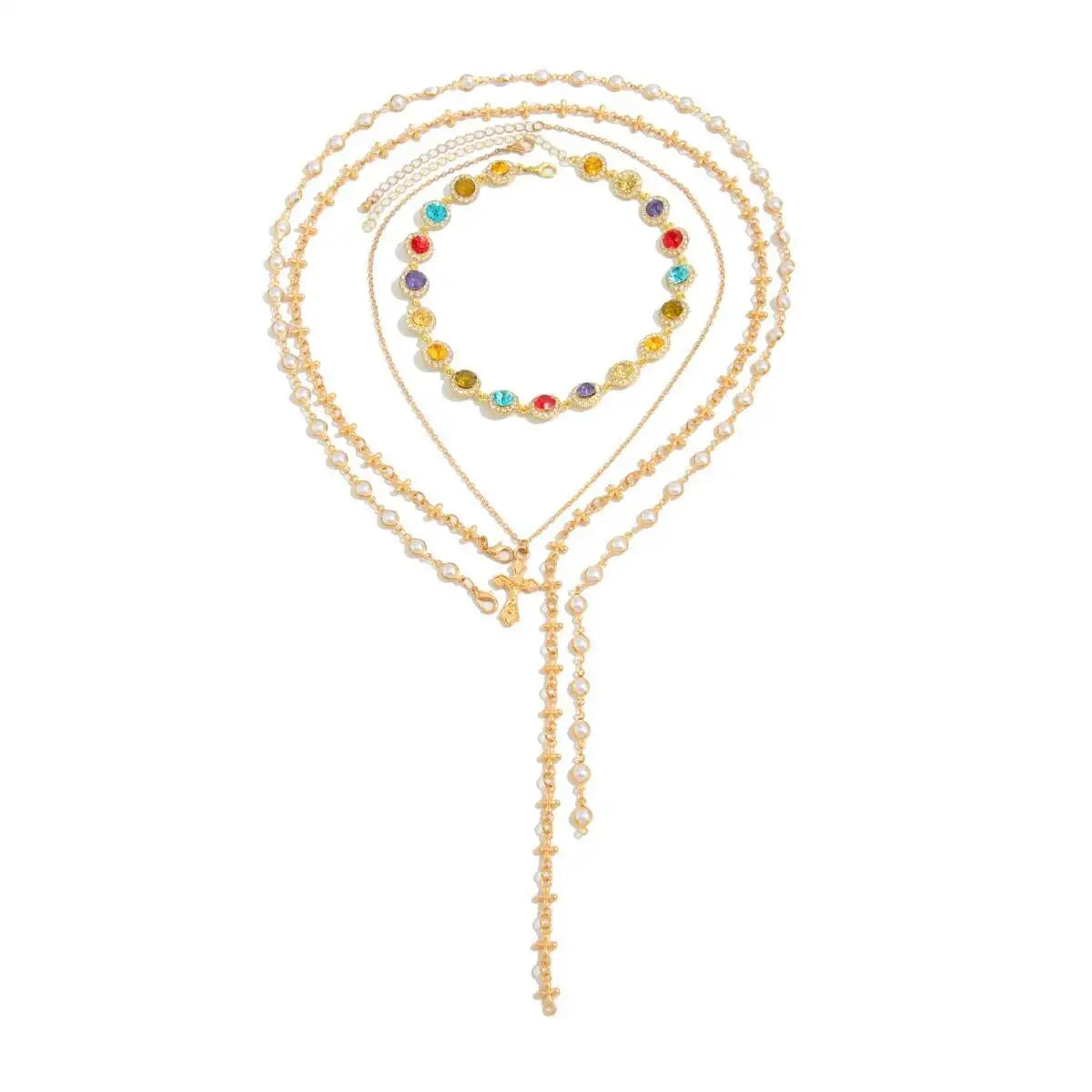 4Pcs/set Exquisite Rhinestone Imitation Pearl Chain Necklace Women Creative Jesus Cross Pendant Choker Halloween Jewelry Gift