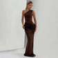 One Shoulder Pleated Satin Patchwork Fishtail Maxi Dresses Sexy Elegant Party Wedding Guest Dress Women