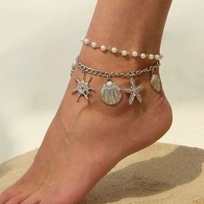 2Pcs/Set Summer Beach Barefoot Charm Anklets Women Bohemia Imitation Pearl Starfish Conch Pendant Foot Chain Jewelry