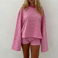 Y2K Striped 2 Piece Set Women Oversized Long Sleeve Crop Top Low Rise Shorts Spring Fall Casual Loungewear Pajama Set