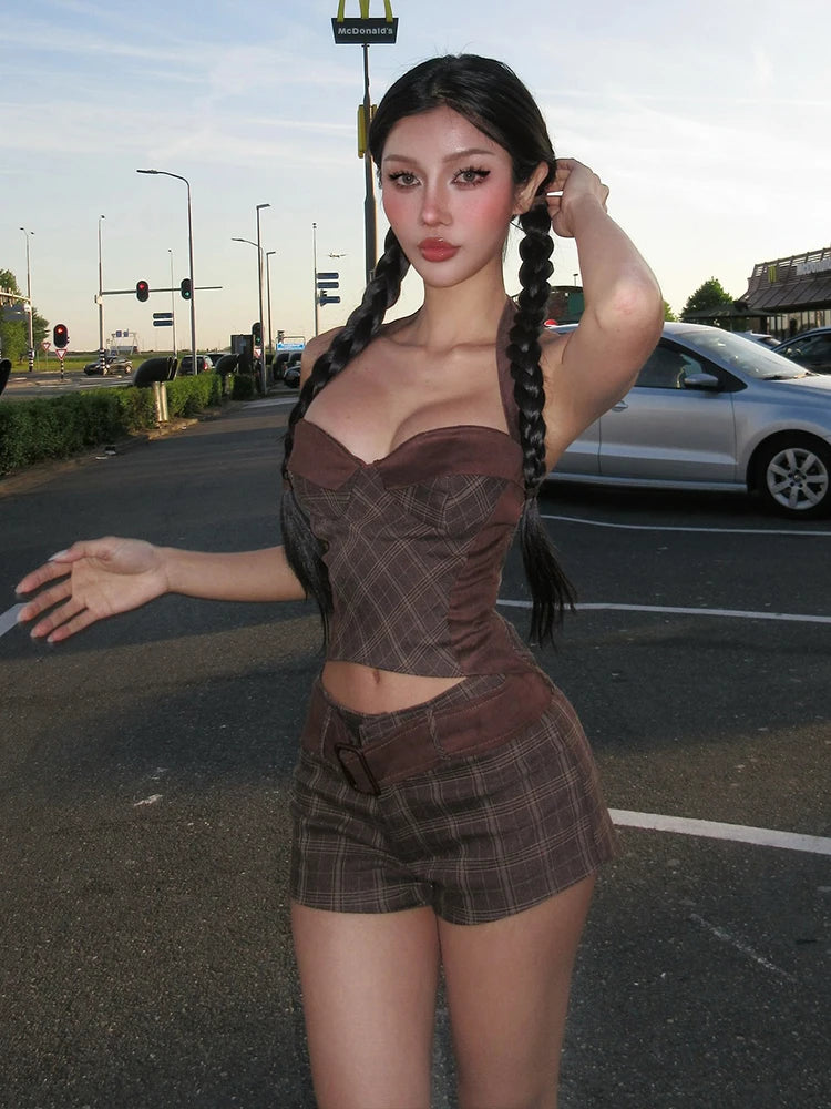Patchwork Plaid 3-Piece Set Women Y2K Lace-Up Halter Low-Neck Backless Tank Tops+Waistband+Mini Shorts Matching Suit