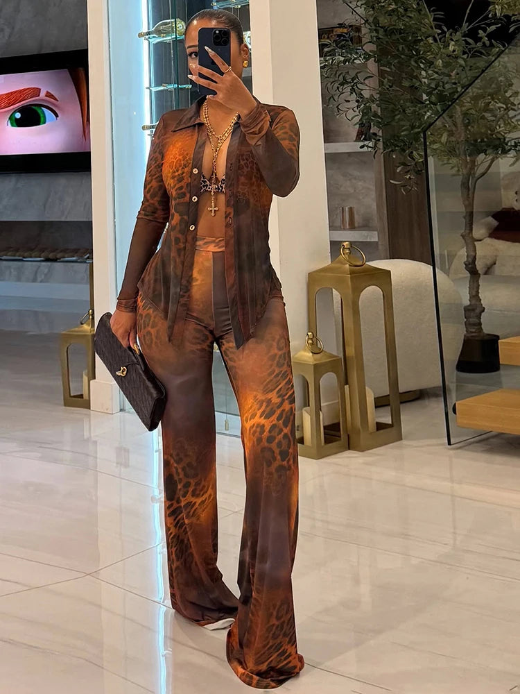 Leopard Print 2 Piece Set Women Sexy See Through Button Tight Blous+Flared Pants Matching Street Club Stretch Outfits