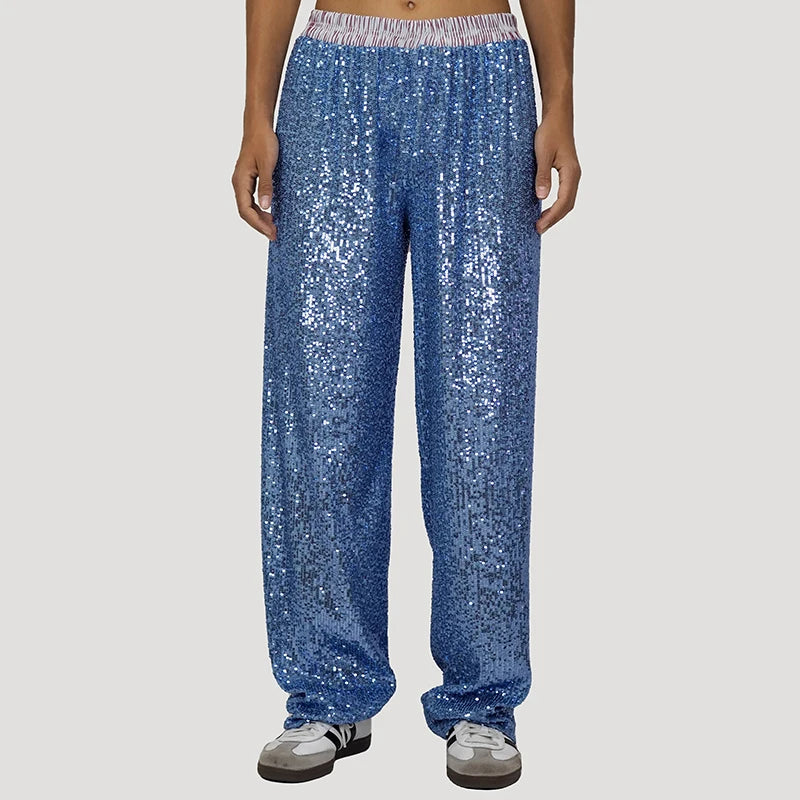 Sequin Loose Pants Two Piece Sets Women Patchwork Long Sleeve Shirt And Trouser Female Elegant Long Pants 2 Piece Sets