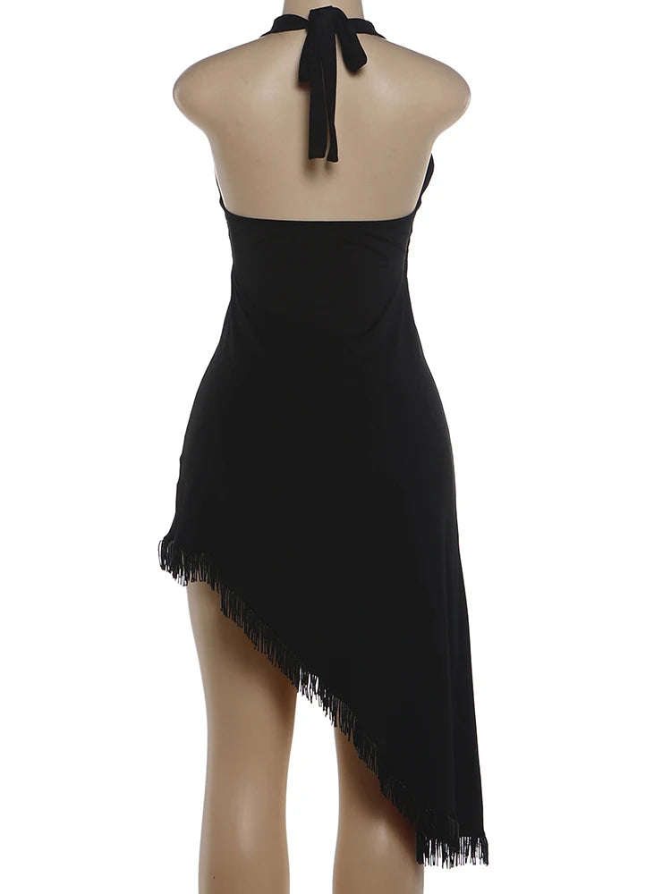 Sexy Tassel Patchwork Dress Women Fashion Halter Bandages Irregular Hem Deep V-Neck Simple Elegant Party Club Bodycon