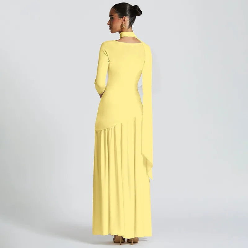Long Sleeve Split Dresses for Woman Clothing Autumn Elegant Long Party Dresses with Scarf