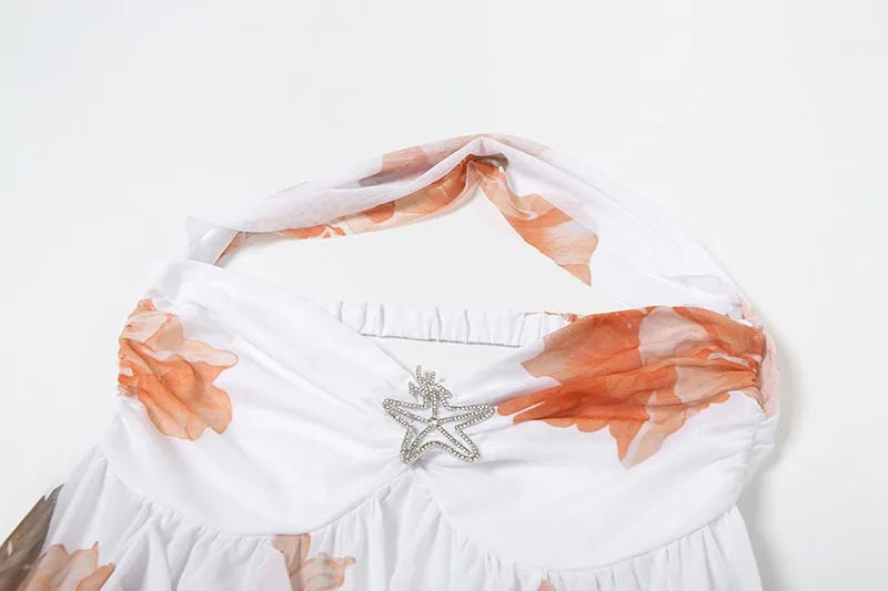 Floral Mesh Dresses Off Shoulder Halter Backless Irregular Mini Dress Sexy Outfits Woman Clothing