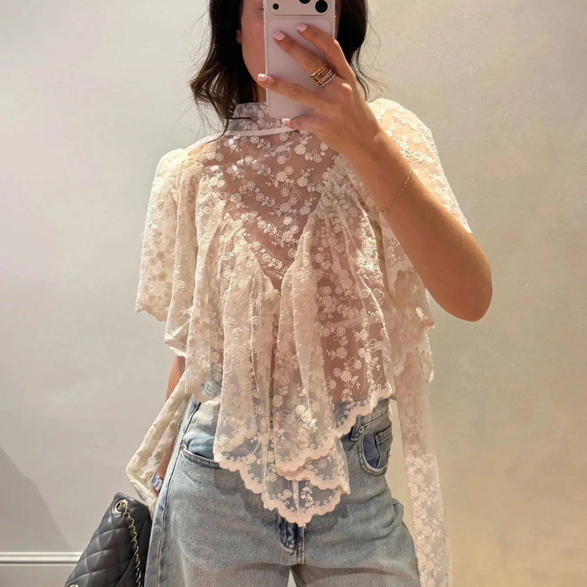 Y2K Fairy Mesh See Through Casual High Neck Looseshawls Women Floral Lace Embroidery Shawl Tops Asymmetrical Streetwear