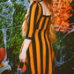 Gothic Striped Dress for Women Square Neck 3/4 Sleeve Lace Edge A Line Midi Dress Witch Cosplay Party Costume