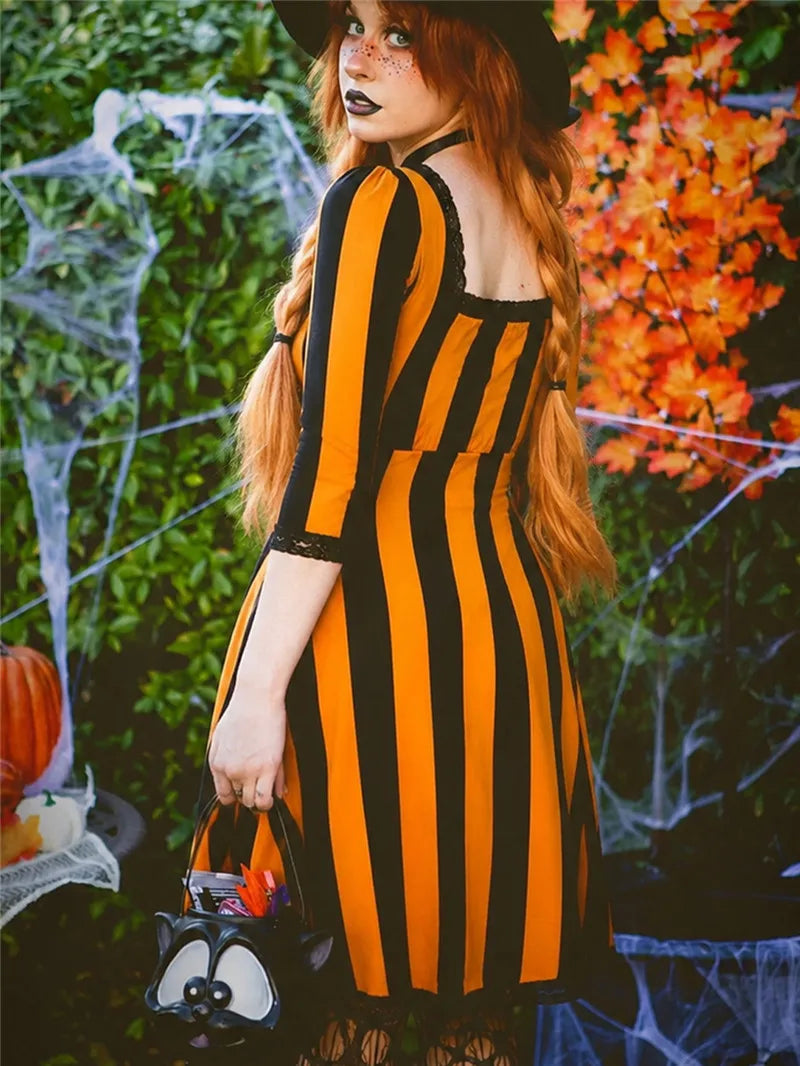 Gothic Striped Dress for Women Square Neck 3/4 Sleeve Lace Edge A Line Midi Dress Witch Cosplay Party Costume