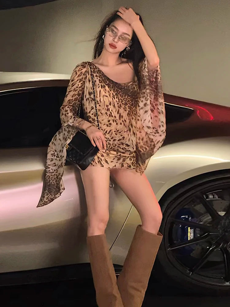 Leopard Print Women Dress Y2K Skew Collar Sexy Irregular Flare Sleeve Midnight Coquette Clubwear Skinny Thin Bodycon