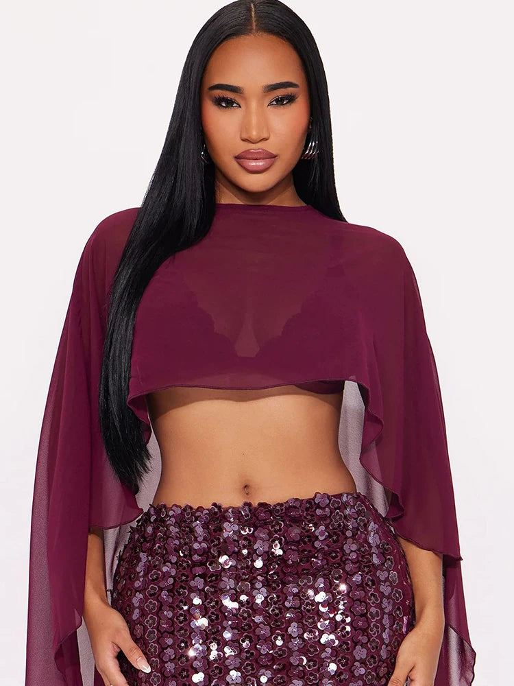 Hottie Mesh See Through Shawl Top Woman Skew Collar Batwing Sleeve Irregular Navel Exposed Design Sexy Fashion Clothing