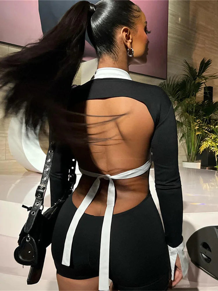 Sexy Polo Neck Playsuit Women Leopard Backless Bandage Full Sleeve Skinny Contrast Color Midnight Street Club Rompers