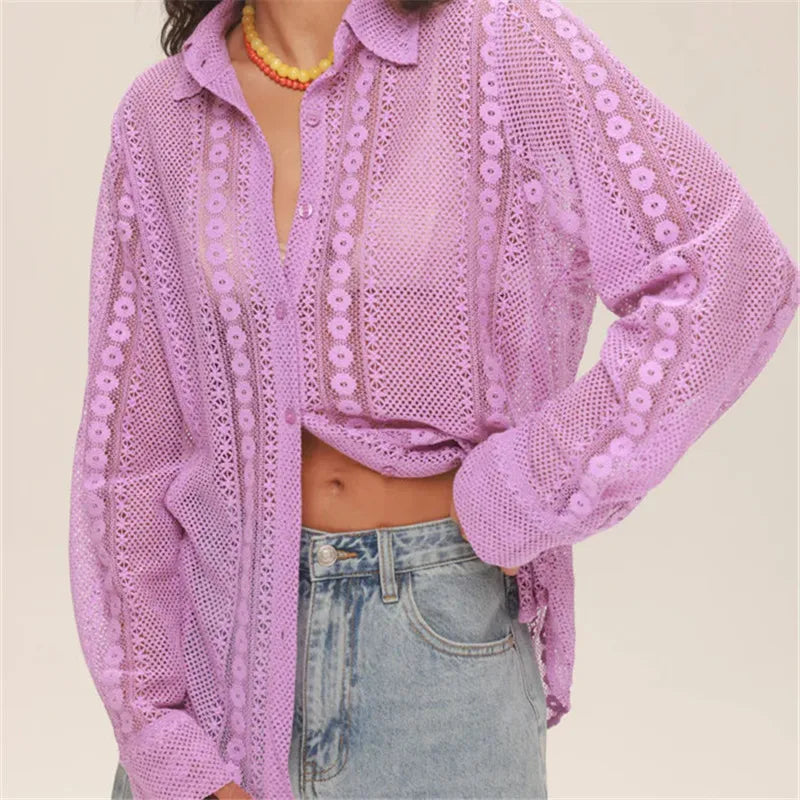 Vintage Long Sleeve Blouses Summer Casual Elegant Ladies Blusas Boho Beach Hollow Out Lace Blouse Shirt for Women Top