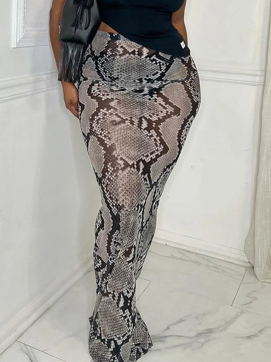Serpentine Print Long Skirts Women Elastic Waist Mesh See Through Hot Girls Street Hipster Wild Style Classic Bottoms