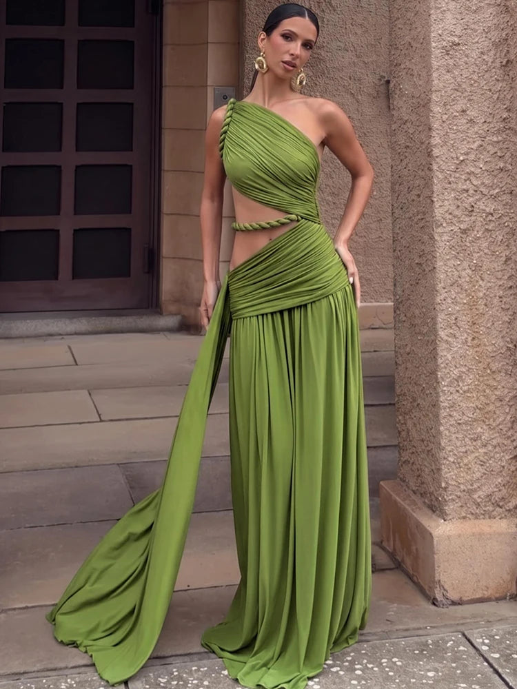 Sexy Rope Patchwork Dress Women Fashion Hollow Skew Collar Ruched Ribbon Sleeveless Elegant Vacation Party Bodycon
