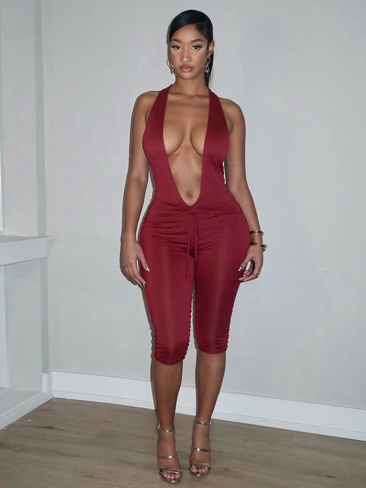 Halter Deep v-Neck Playsuit Women Folds Bandge Bow Tassel Peach Butt Backless Sleeveless Sexy Midnight Hottie Outfit