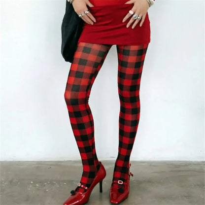 Womens Y2K Printed Sheer Tights Color Plaid Polka Dot Pattern Transparent Pantyhose Fashion Street Cosplay Hosiery