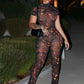 See Through Jumpsuit Women Coquette Summer Backless Peach Buttocks Colorful Print Tight Activity Clubwear Overalls