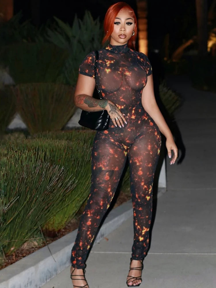 See Through Jumpsuit Women Coquette Summer Backless Peach Buttocks Colorful Print Tight Activity Clubwear Overalls