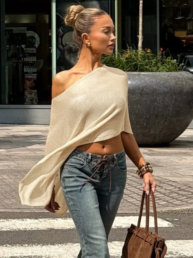 One Shoulder Loose Sweater for Woman Fall Clothes Casual Pullovers Asymmetrical Top Knitwears