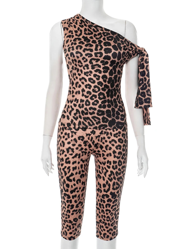 Leopard Print 2-Piece Set Women Irregular Skew Collar Lace-Up Tank Top+Bike Shorts Stretch Skinny Stretch Outfits