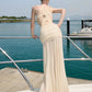 See Through Hem Folds Bandage Maxi Dress Women Waistless Backless Patchwork Flower Decoration Party Vacation Vestidos