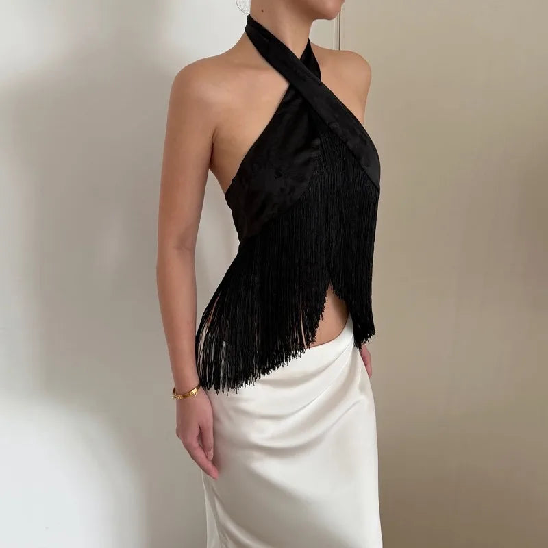 Scarf Top with Crossover Halter Neck and Cascading Fringe Trim Sexy Party Tops Fall Fashion 2026