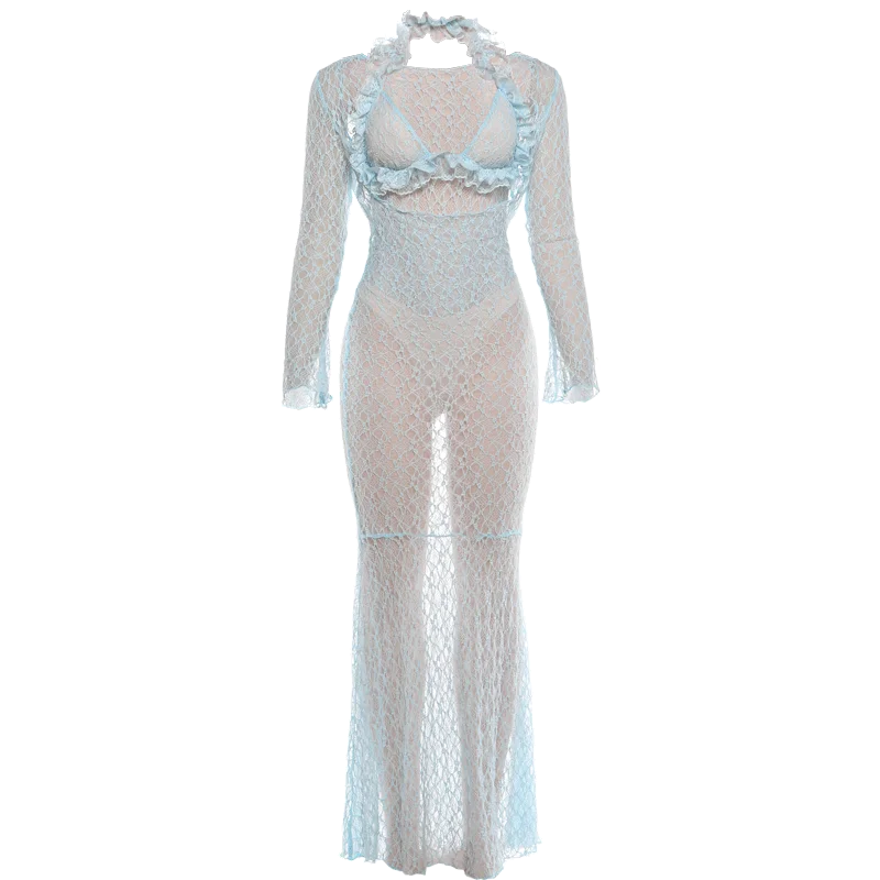 Lace Patchwork 2 Piece Set Woman Ruffles Edge Halter Backless Skinny Bodysuits+Low-Neck Full Sleeve Dress Sexy Suits