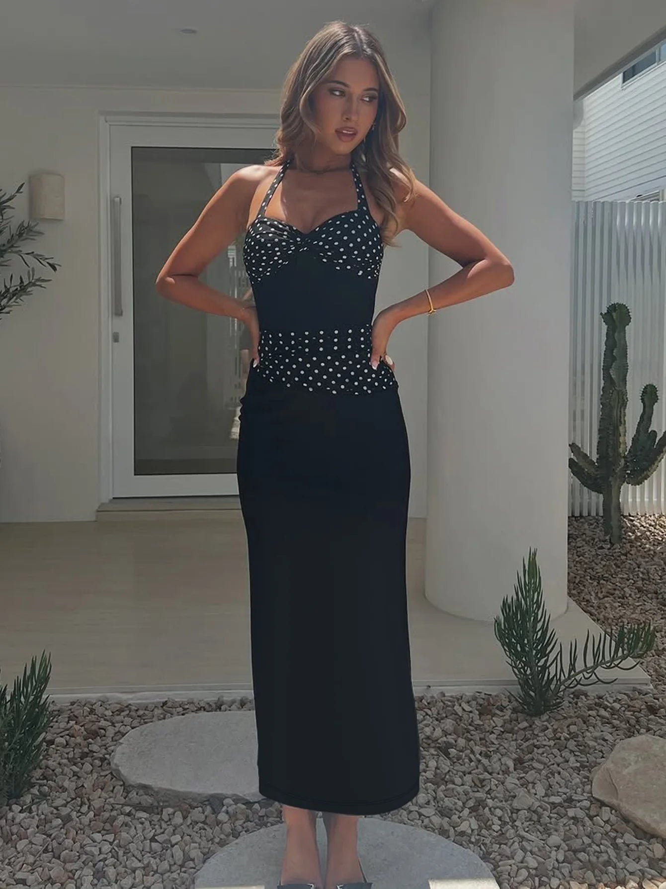 Black Polka Dot Print Halter Backless Maxi Dress 2026 Summer Classic Dresses for Woman Elegant