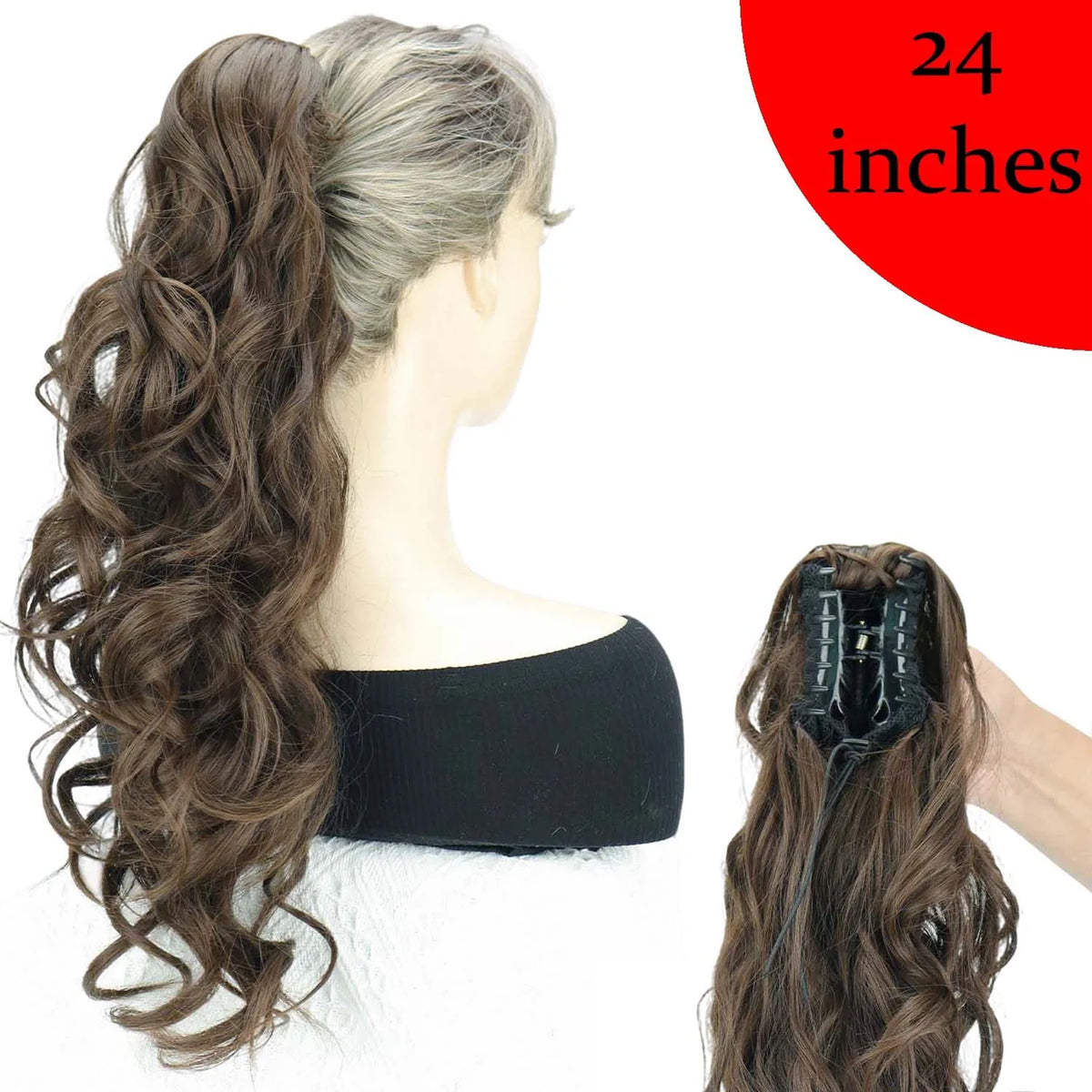 Synthetic Claw Clip Ponytail 18Inch Long Wavy Black Brown Heat Resistant Type Layered Horse Tail  Hair Extension