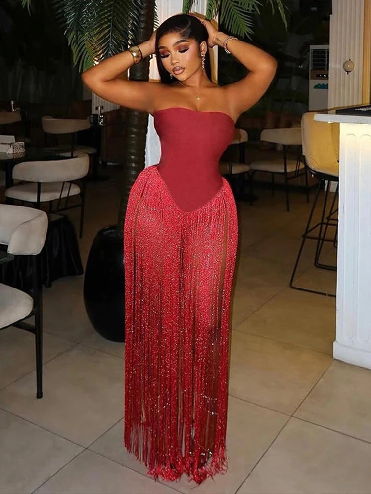 Hot Girls Bodysuits Woman Sexy Fashion Chest Wrap Backless Sleeveless Tassel Decoration Hem Midnight Club Party Bodycon