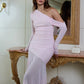 Oblique Shoulder Long Sleeve Sexy Maxi Dress For Women Fashion Mesh Backless Bodycon Ruched Club Evening Long Dress