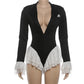 Deep V Neck Long Sleeve Shorts Jumpsuit Sexy Lace Patchwork One Piece Black Outfits Boutique Clothing Woman