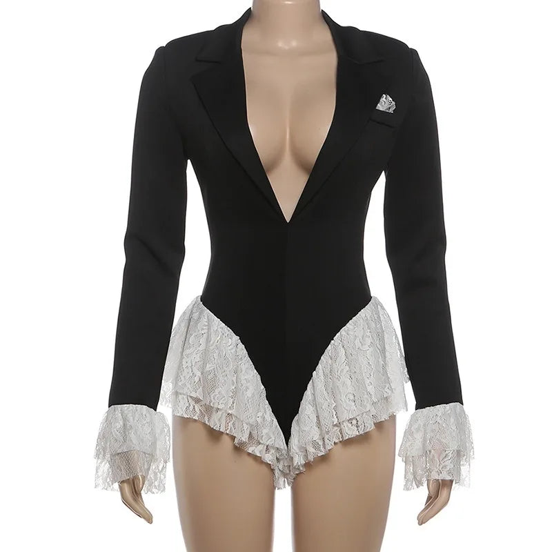 Deep V Neck Long Sleeve Shorts Jumpsuit Sexy Lace Patchwork One Piece Black Outfits Boutique Clothing Woman
