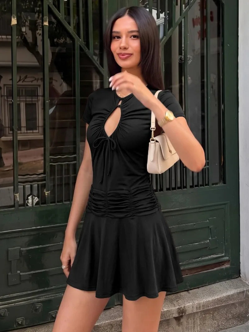 Short Sleeve Mini Dress with Keyhole Cutout and Ruched Waist Brown Black Dresses for Woman Clothing