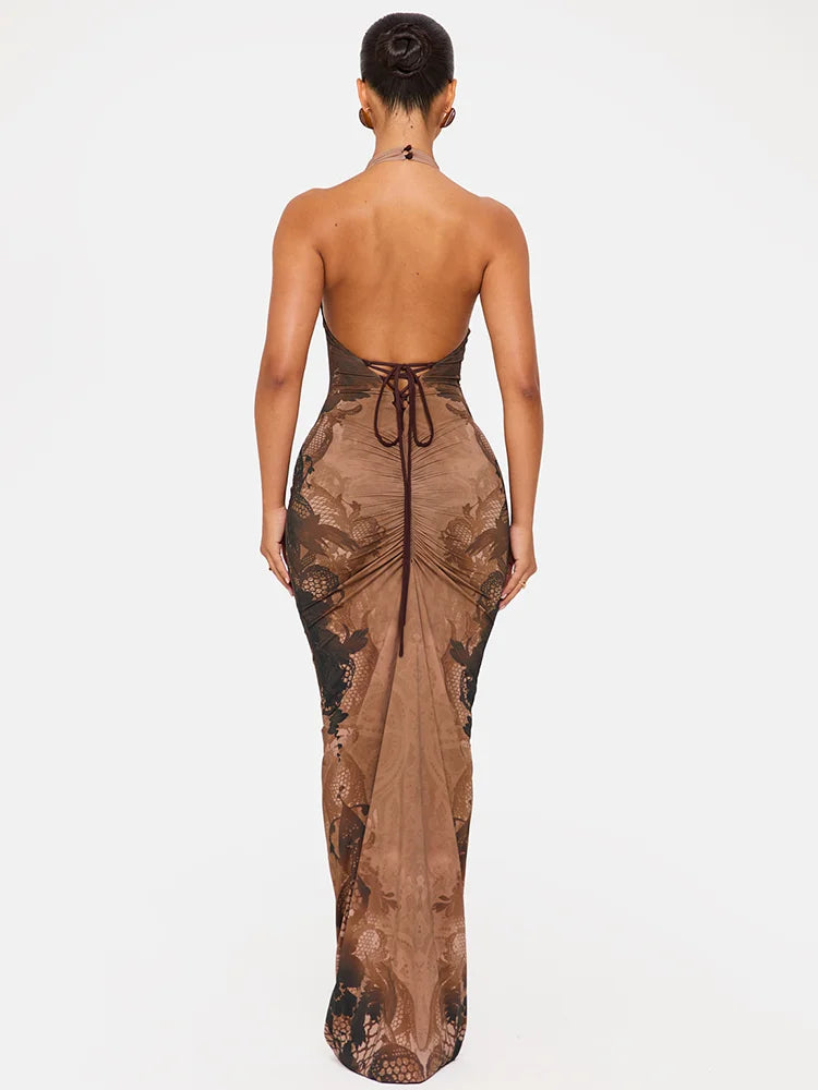 Lace Halter Backless Sexy Maxi Dress Women Elegant Floral Print Sleeveless Bodycon Club Party Long Dresses Female