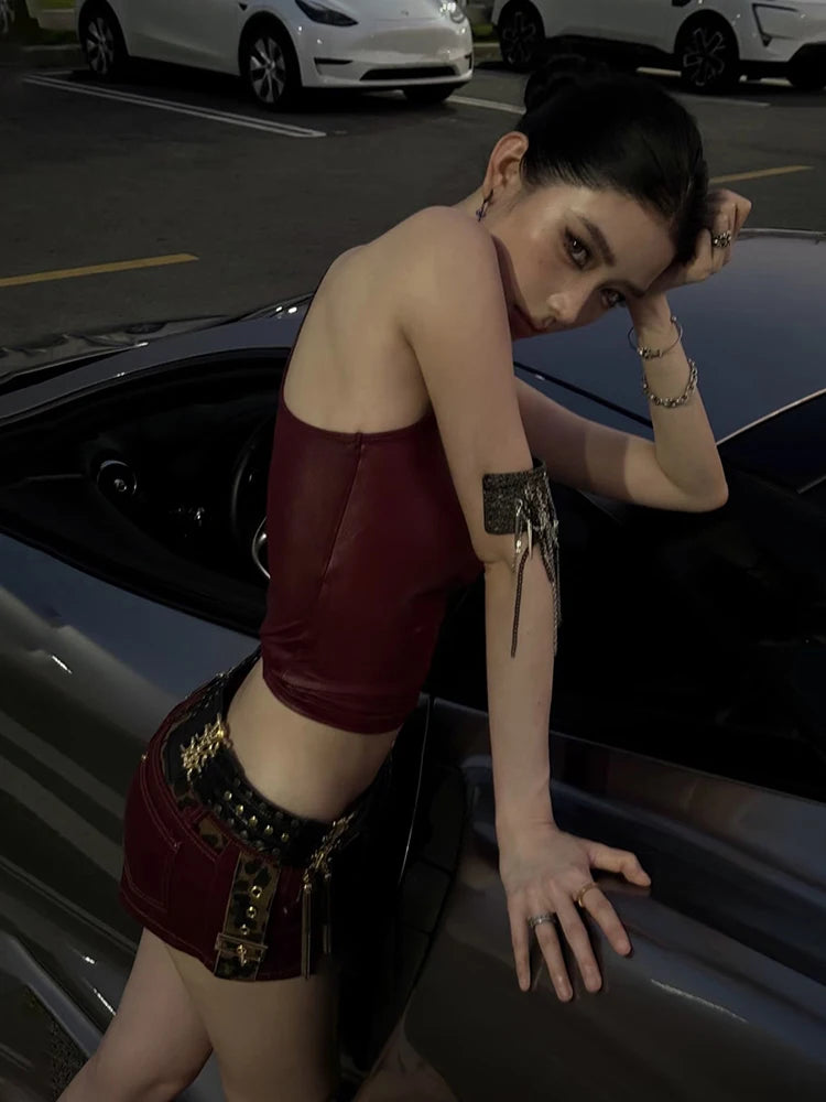 Faux Leather Camisole Tops Women Y2K Coquette Square Collar Skinny Midnight Street Club Trend Hottie Wild Basic Vest